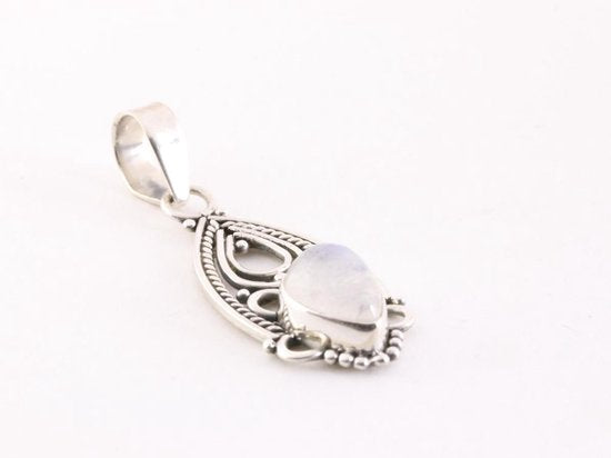 Fijne opengewerkte zilveren hanger met regenboog maansteen aan ketting afbeelding 2