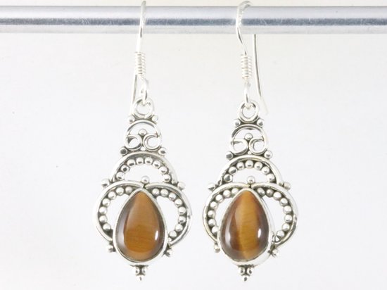 Opengewerkte zilveren oorbellen met tijgeroog afbeelding 3