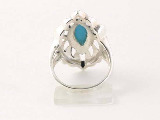 Zware opengewerkte zilveren ring met blauwe turkoois en marcasiet afbeelding 3