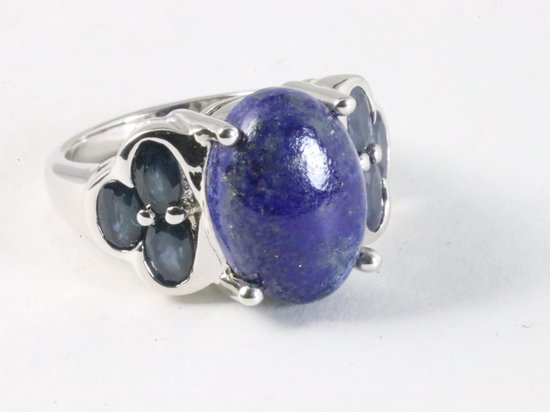 Hoogglans zilveren ring met lapis lazuli en blauwe saffier afbeelding 1