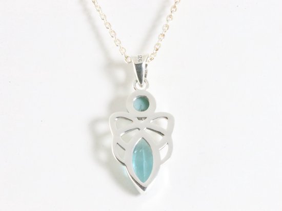 Fijne opengewerkte zilveren hanger met larimar en blauwe topaas aan ketting afbeelding 3