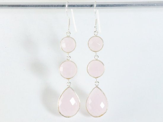 Lange zilveren oorbellen met rozenkwarts afbeelding 3