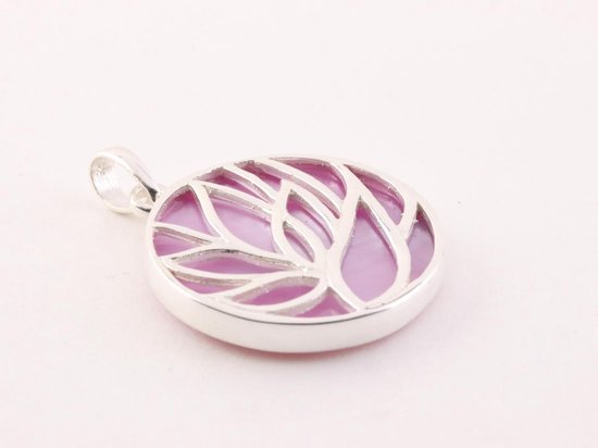 Ronde zilveren lotus hanger op roze parelmoer afbeelding 2
