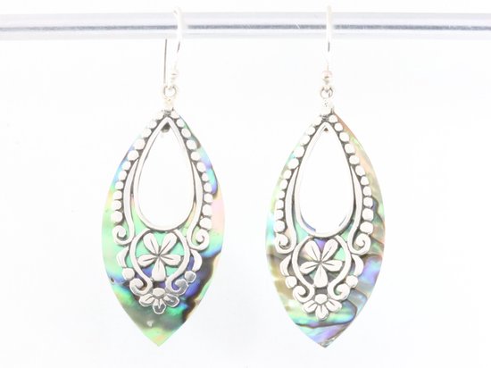 Lange bewerkte zilveren oorbellen met abalone schelp afbeelding 4