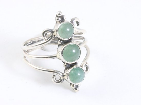 Opengewerkte zilveren ring met 3 groene aventurijn stenen afbeelding 1