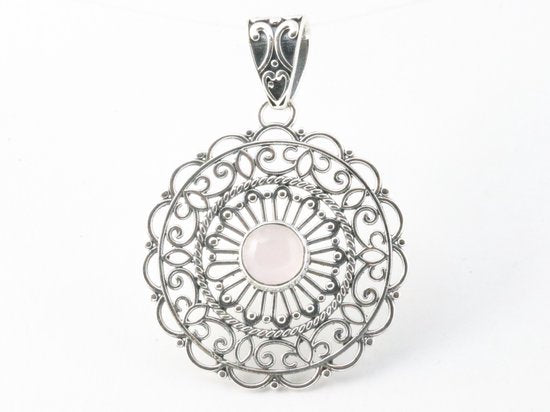 Opengewerkte zilveren hanger met rozenkwarts afbeelding 4