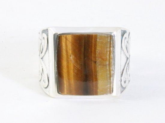 Zware bewerkte zilveren ring met tijgeroog afbeelding 3