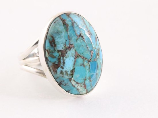 Grote ovale zilveren ring met blauwe koperturkoois afbeelding 1