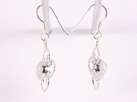 Fijne opengewerkte zilveren oorbellen met regenboog maansteen afbeelding 2