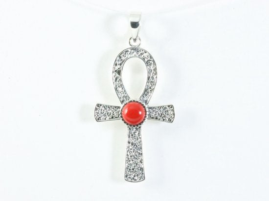 Bewerkte zilveren ankh hanger met rode koraal steen afbeelding 3