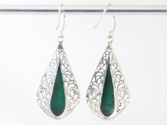 Lange opengewerkte zilveren oorbellen met abalone schelp afbeelding 2