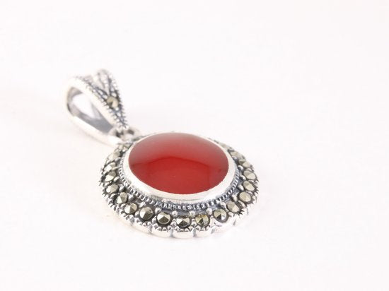 Ovale zilveren hanger met carneool en marcasiet afbeelding 2