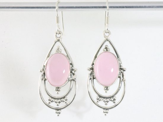 Lange opengewerkte zilveren oorbellen met rozenkwarts afbeelding 4