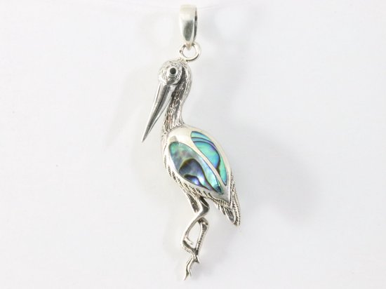 Zilveren kraanvogel hanger met abalone schelp afbeelding 4