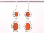 Lange opengewerkte zilveren oorbellen met rode koraal steen afbeelding 4