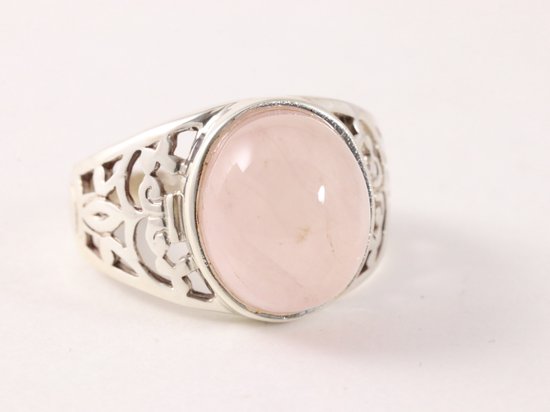 Opengewerkte zilveren ring met rozenkwarts afbeelding 1