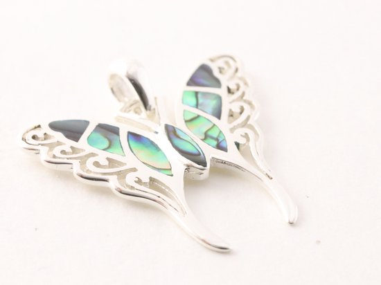 Zilveren vlinder hanger met abalone schelp aan jasseron ketting afbeelding 2