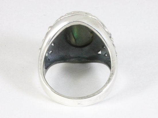 Zware bewerkte zilveren ring met abalone schelp afbeelding 3