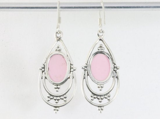 Lange opengewerkte zilveren oorbellen met rozenkwarts afbeelding 3