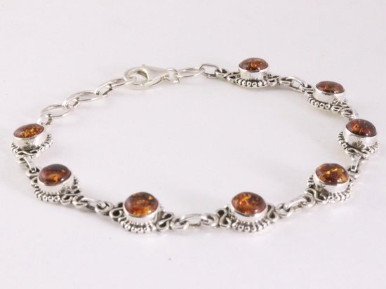 Bewerkte zilveren schakelarmband met amber afbeelding 2