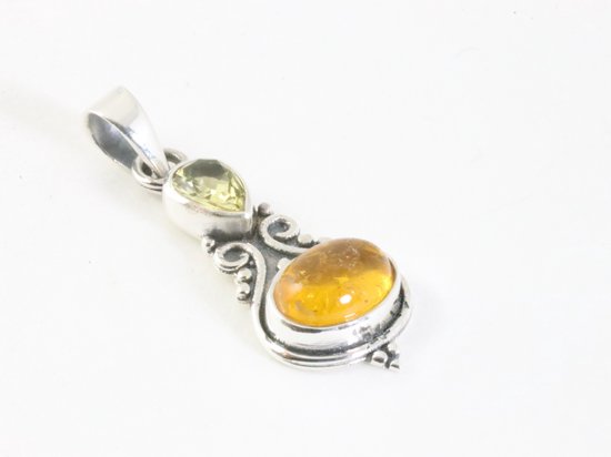 Fijne bewerkte zilveren hanger met amber en citrien aan ketting afbeelding 2