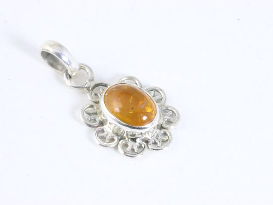 Fijne opengewerkte zilveren hanger met amber afbeelding 2