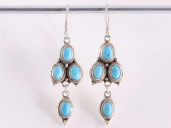 Traditionele lange bewerkte zilveren oorbellen met blauwe turkoois afbeelding 1