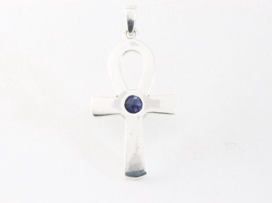 Bewerkte zilveren ankh hanger met blauwe saffier afbeelding 3