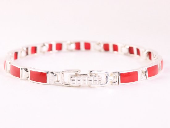 Hoogglans zilveren armband met rode koraal steen afbeelding 2