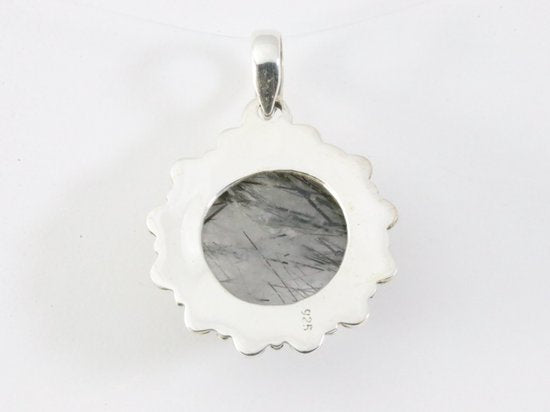 Ronde bewerkte zilveren hanger met zwarte rutielkwarts afbeelding 3