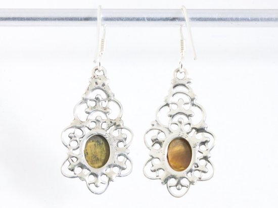 Opengewerkte zilveren oorbellen met tijgeroog afbeelding 3