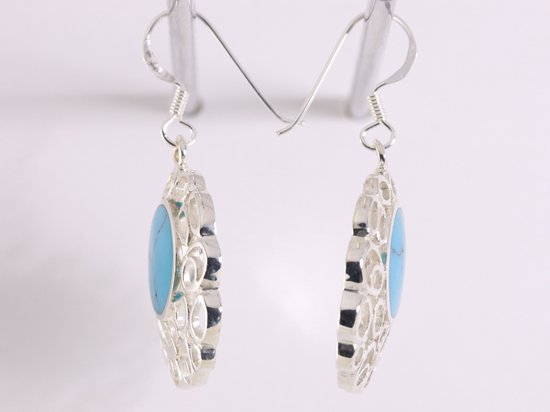 Grote opengewerkte zilveren oorbellen met blauwe turkoois afbeelding 2