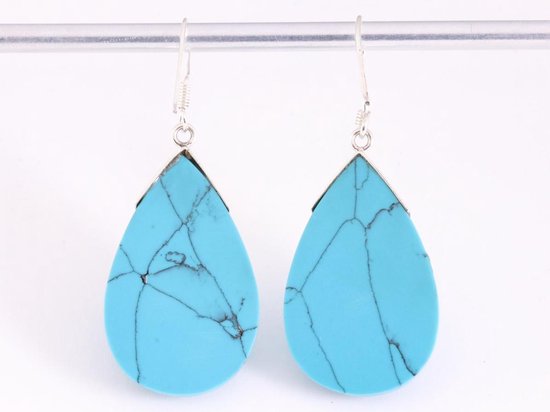 Grote druppelvormige zilveren oorbellen met blauwe turkoois afbeelding 3