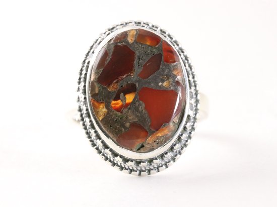 Zware bewerkte zilveren ring met rode koperturkoois afbeelding 4