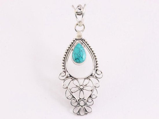 Fijne lange opengewerkte zilveren hanger met turkoois afbeelding 1