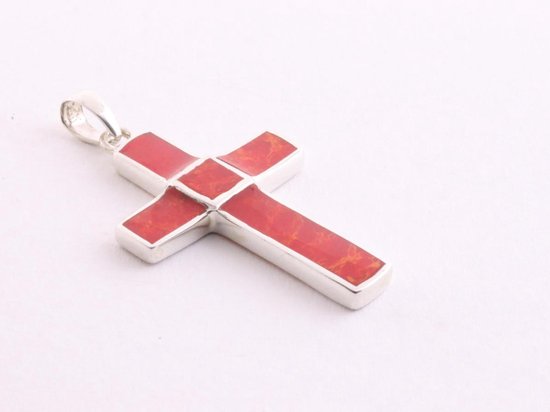 Zilveren kruishanger met rode koraal steen afbeelding 2