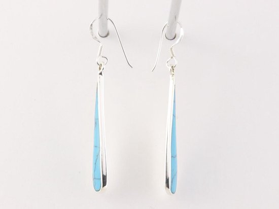 Lange druppelvormige zilveren oorbellen met blauwe turkoois afbeelding 2