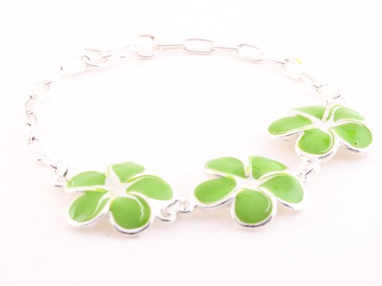 Zilveren schakelarmband met groene emaille bloemen afbeelding 2