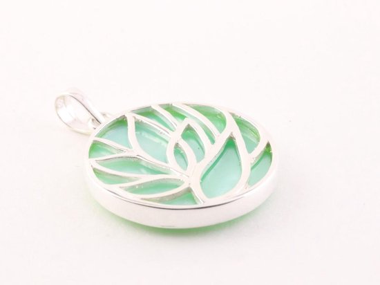 Ronde zilveren lotus hanger op groene parelmoer afbeelding 2