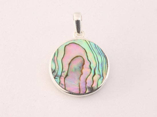 Fijne ronde zilveren hanger met levensboom op abalone schelp afbeelding 3