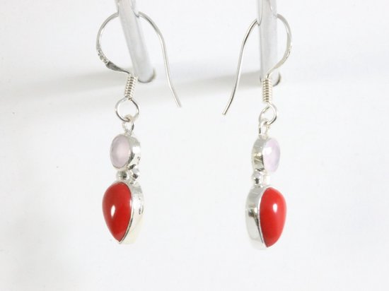 Fijne zilveren oorbellen met rode koraal steen en rozenkwarts afbeelding 2