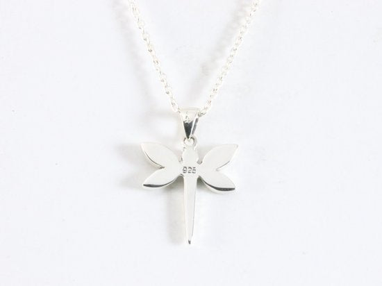 Fijne zilveren libelle hanger met abalone schelp aan ketting afbeelding 3