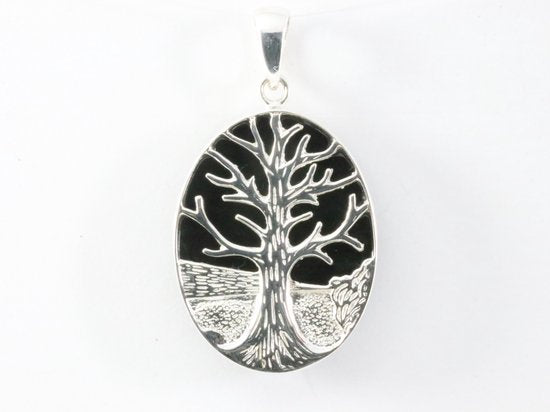Ovale zilveren hanger met levensboom op onyx afbeelding 4