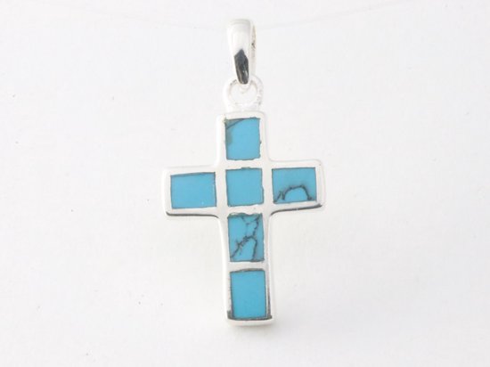 Zilveren kruishanger met blauwe turkoois afbeelding 4