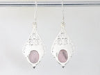 Lange opengewerkte zilveren oorbellen met rozenkwarts afbeelding 2