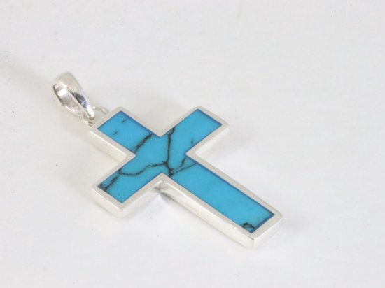 Fijne zilveren kruishanger met blauwe turkoois afbeelding 2