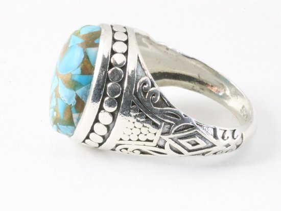 Zware bewerkte zilveren ring met blauwe turkoois afbeelding 2