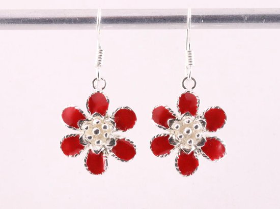 Bloemvormige zilveren oorbellen met rode emaille afbeelding 1