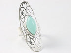 Langwerpige opengewerkte zilveren ring met aqua chalcedoon afbeelding 1