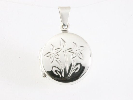 Fijn rond zilveren medaillon met bloemengravering afbeelding 4